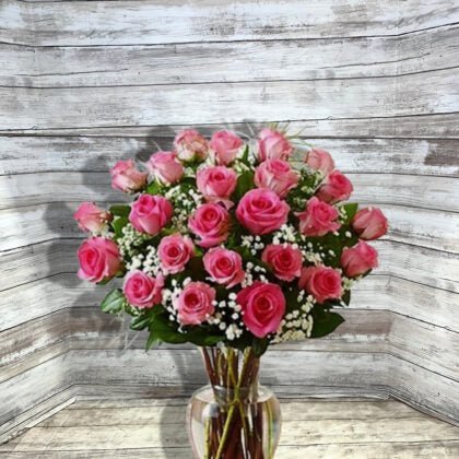 Long Stem Hot Pink Roses Vase (Your Size)