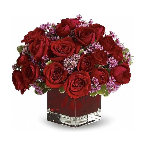 Vibrant red roses in glass vase
