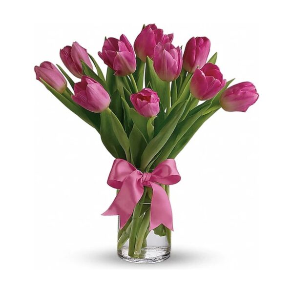 Vase of pink tulips with ribbon