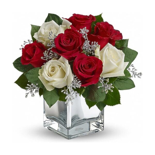Red and white rose bouquet arrangement