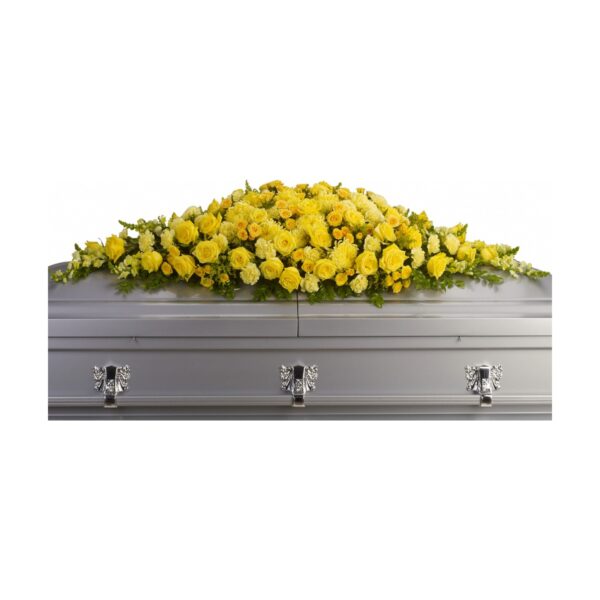 Coffin adorned with yellow flowers.