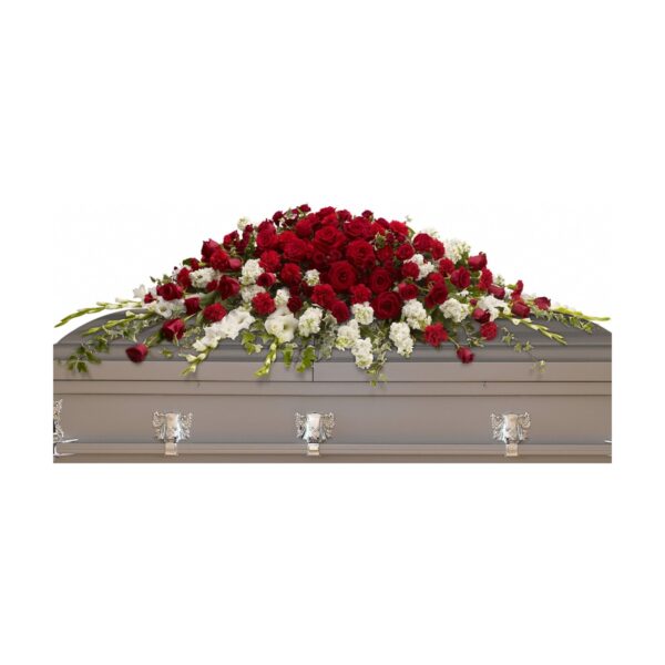 Casket adorned with red roses.