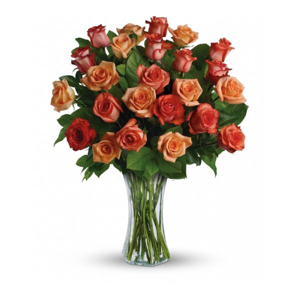 Vibrant bouquet of peach and orange roses.