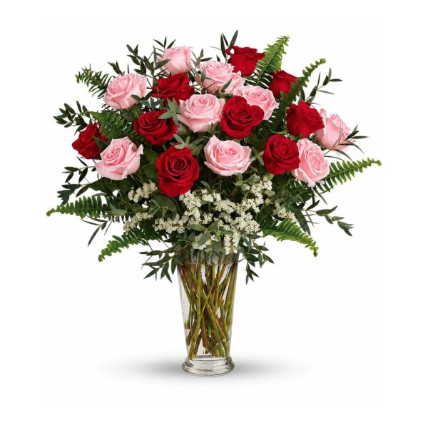 Vibrant bouquet of pink and red roses