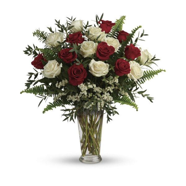 Red and white roses in vase